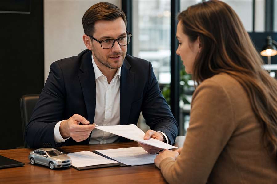 Consultor explicando documentos automotivos sobre uma mesa